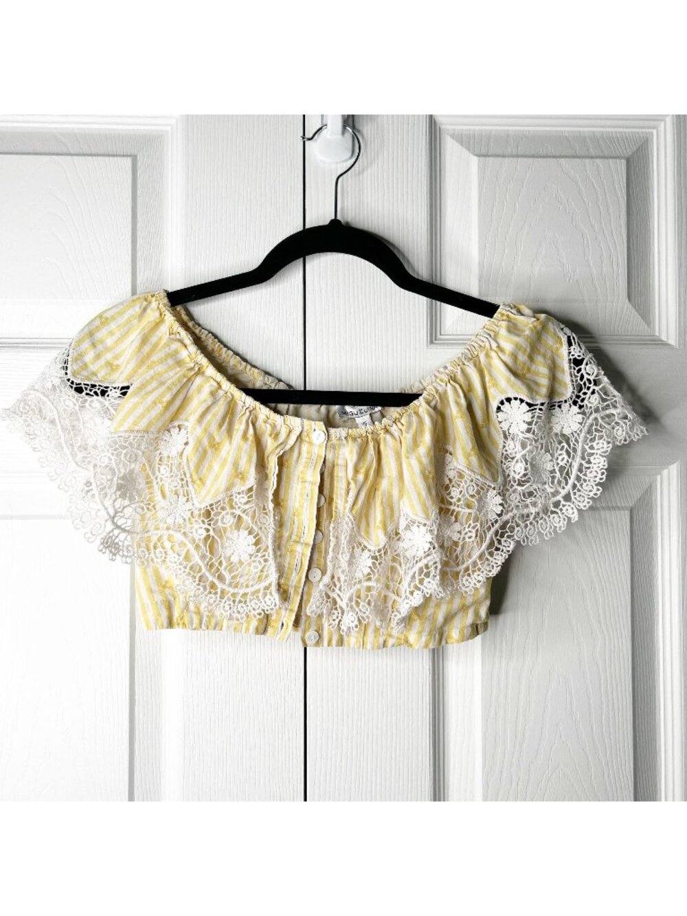 Miguelina Jenna Yellow Crochet Trim Button Front Crop Top Women's Size X-Small